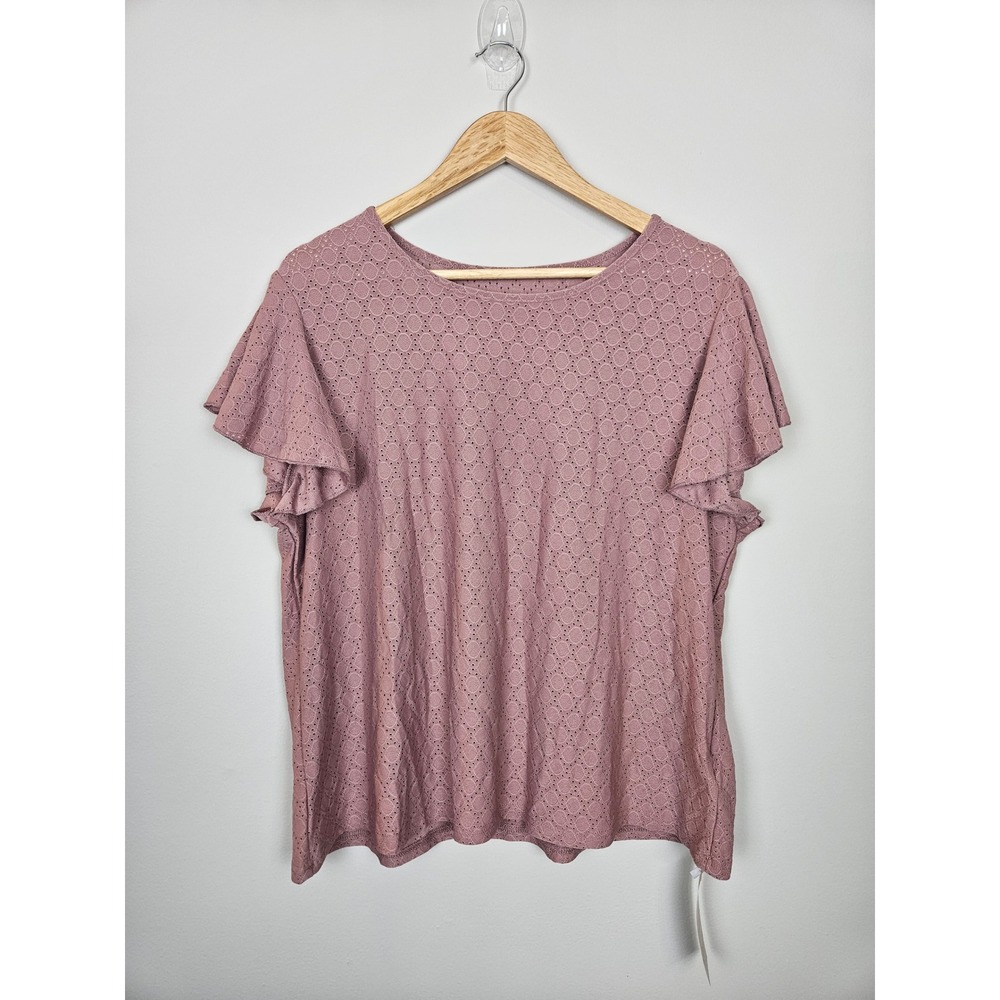 Emery Rose Women's Pink Eyelet Flutter Sleeve Top Plus Size 2XL